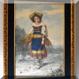 A38. Viennese watercolor painting of girl in sandals walking.  Signed on back. Frame: 22.5” x 17”w 